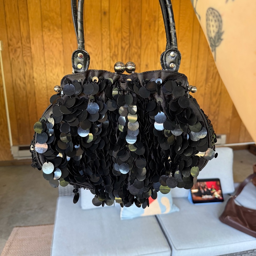 Black Sequin Handle Evening Bag